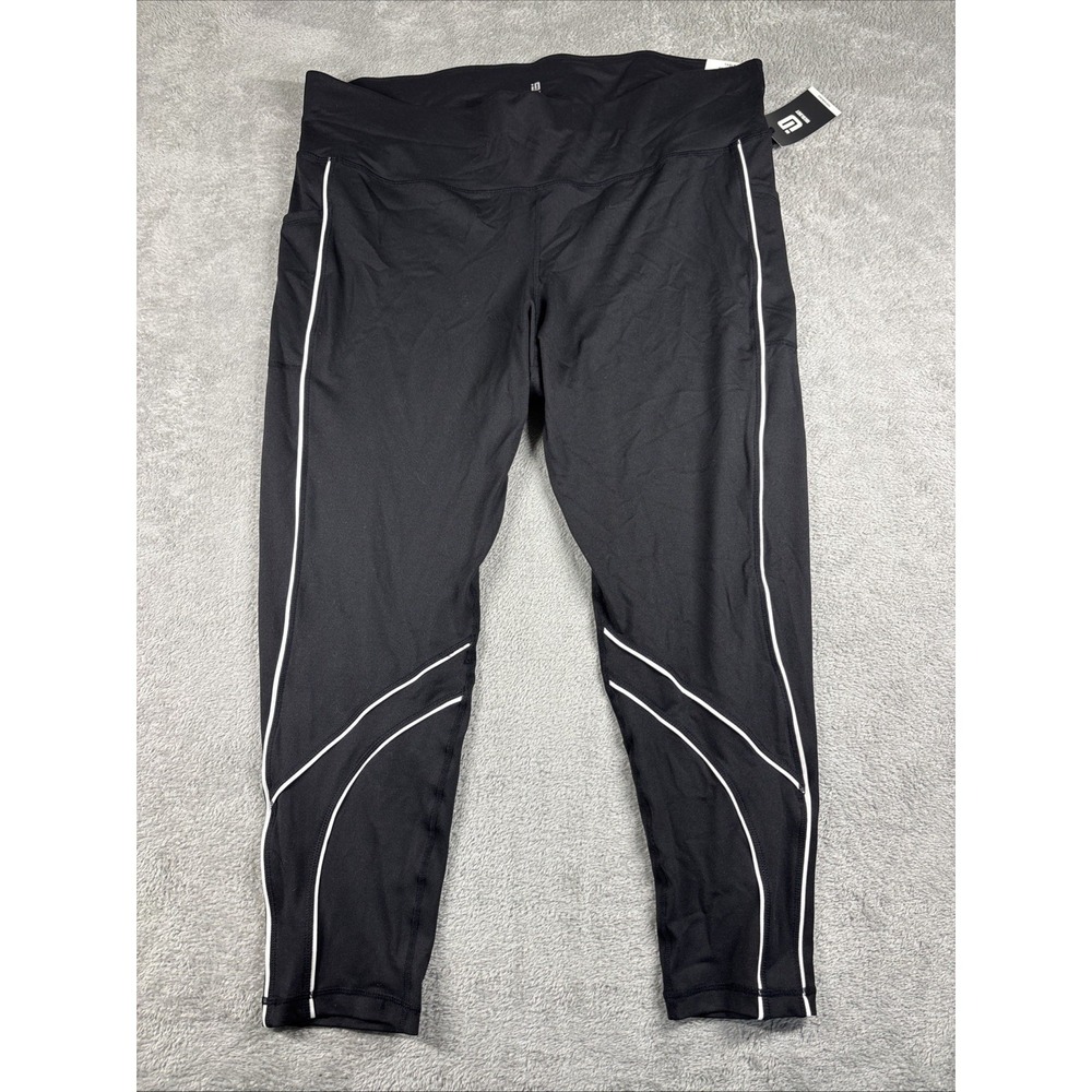 Ideology Leggings Women's Size 3XL Solid Black White Stripe Elastic Waistband